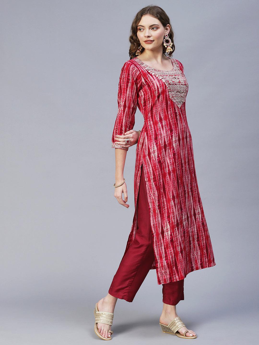 Ethnic Printed & mbroidered Straight Fit Kurta – Red - Indiakreations