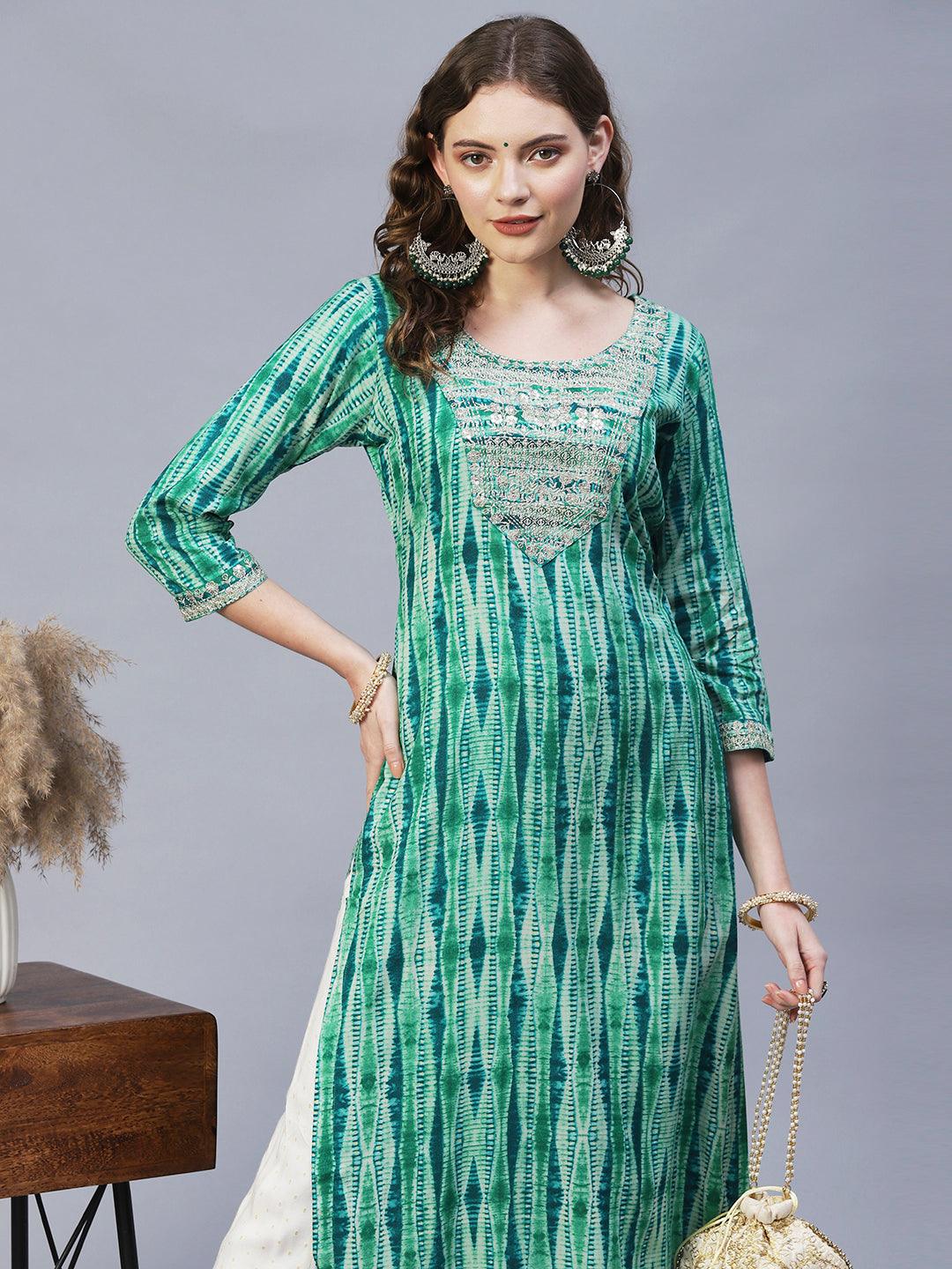 Ethnic Printed & Embroidered Straight Fit Kurta – Sea Green - Indiakreations