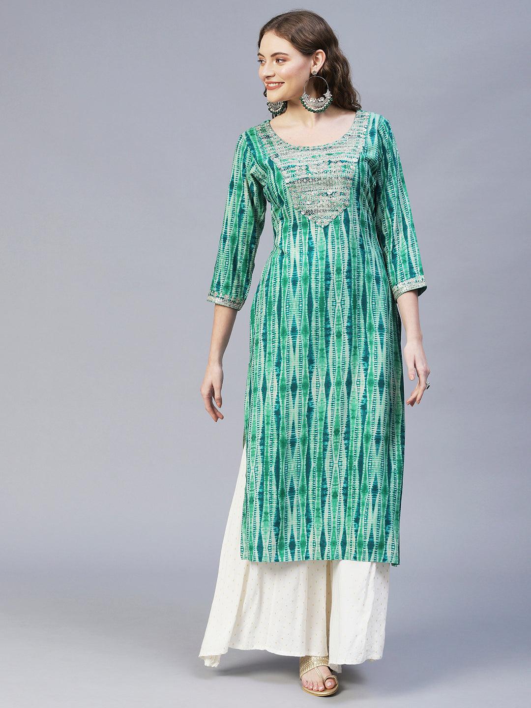 Ethnic Printed & Embroidered Straight Fit Kurta – Sea Green - Indiakreations