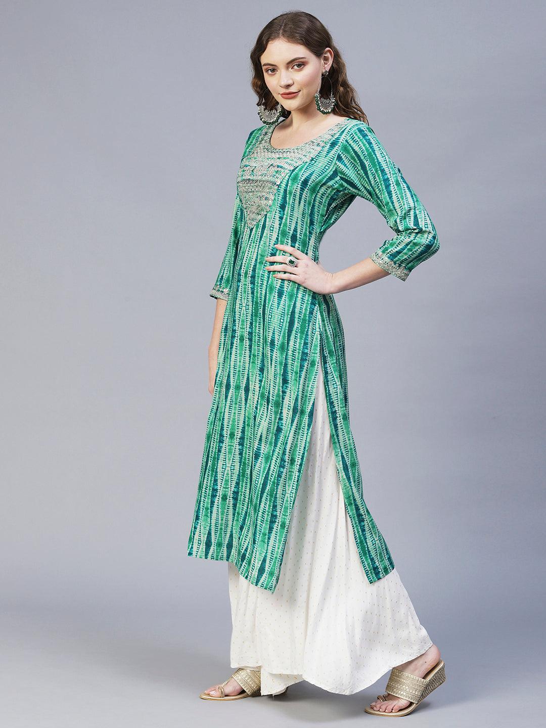 Ethnic Printed & Embroidered Straight Fit Kurta – Sea Green - Indiakreations