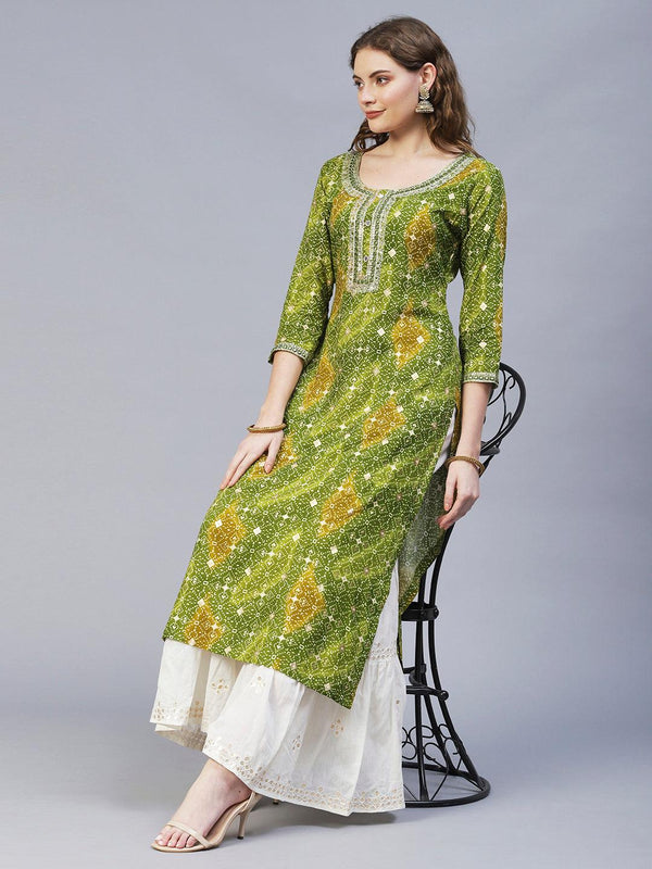 Ethnic Printed & Embroidered Straight Fit Kurta – Light Green - Indiakreations