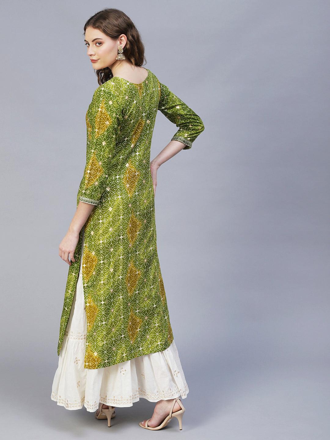 Ethnic Printed & Embroidered Straight Fit Kurta – Light Green - Indiakreations