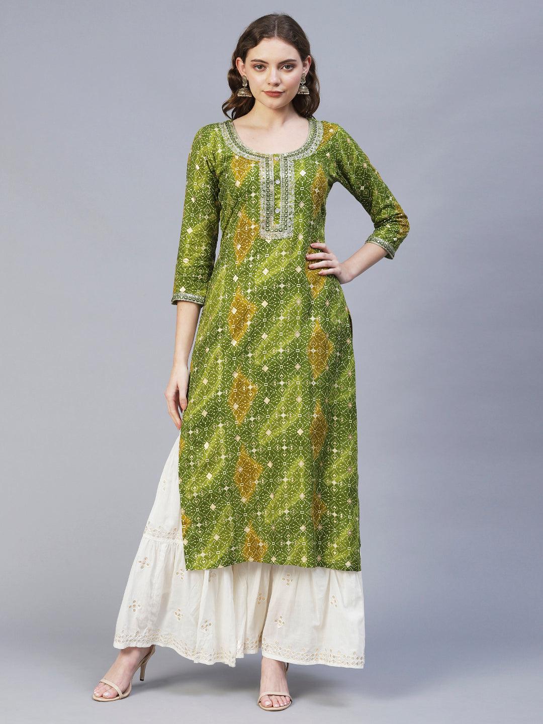 Ethnic Printed & Embroidered Straight Fit Kurta – Light Green - Indiakreations