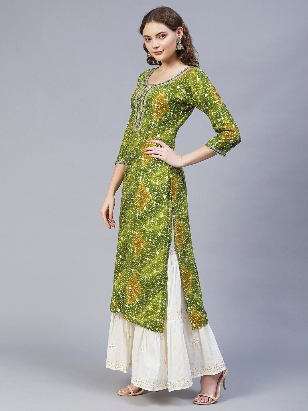 Ethnic Printed & Embroidered Straight Fit Kurta – Light Green - Indiakreations