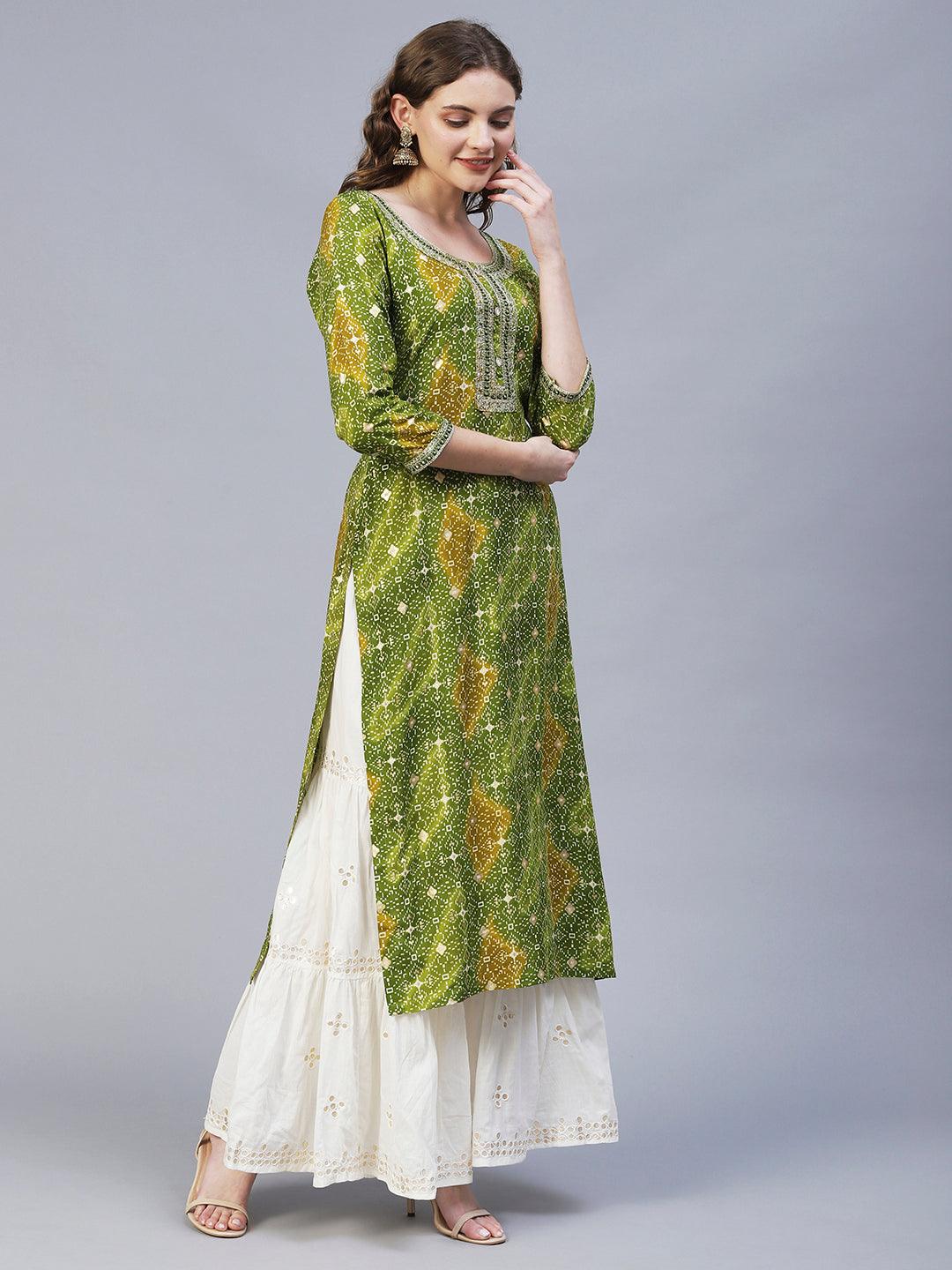 Ethnic Printed & Embroidered Straight Fit Kurta – Light Green - Indiakreations