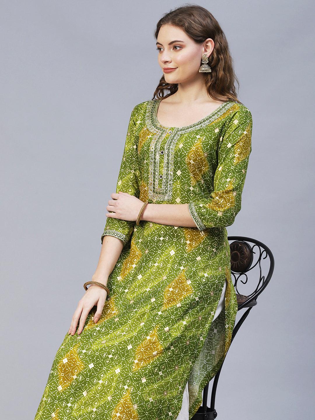 Ethnic Printed & Embroidered Straight Fit Kurta – Light Green - Indiakreations