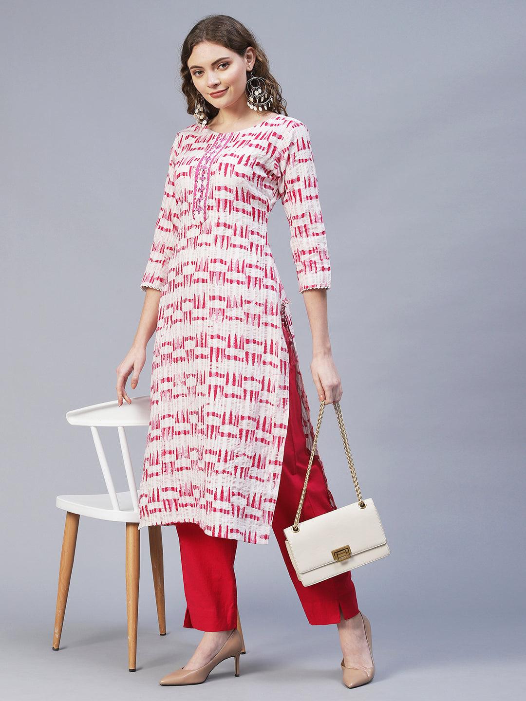 Ethnic Woven & Embroidered Straight Fit Kurta – Off White - Indiakreations