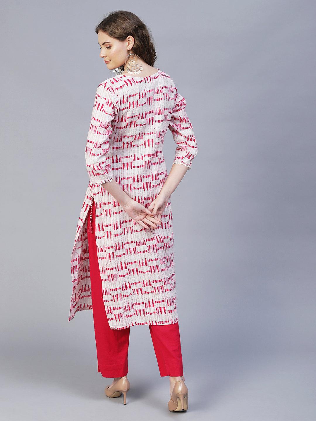 Ethnic Woven & Embroidered Straight Fit Kurta – Off White - Indiakreations