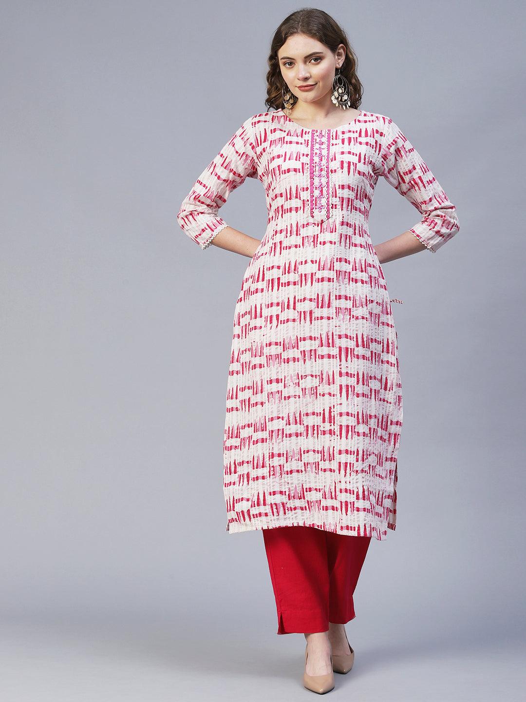 Ethnic Woven & Embroidered Straight Fit Kurta – Off White - Indiakreations