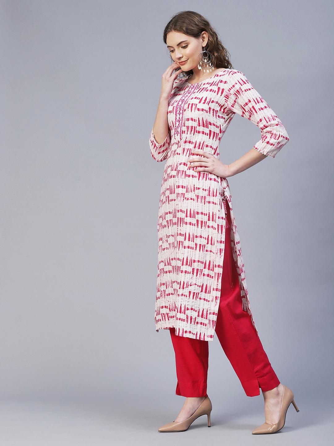 Ethnic Woven & Embroidered Straight Fit Kurta – Off White - Indiakreations