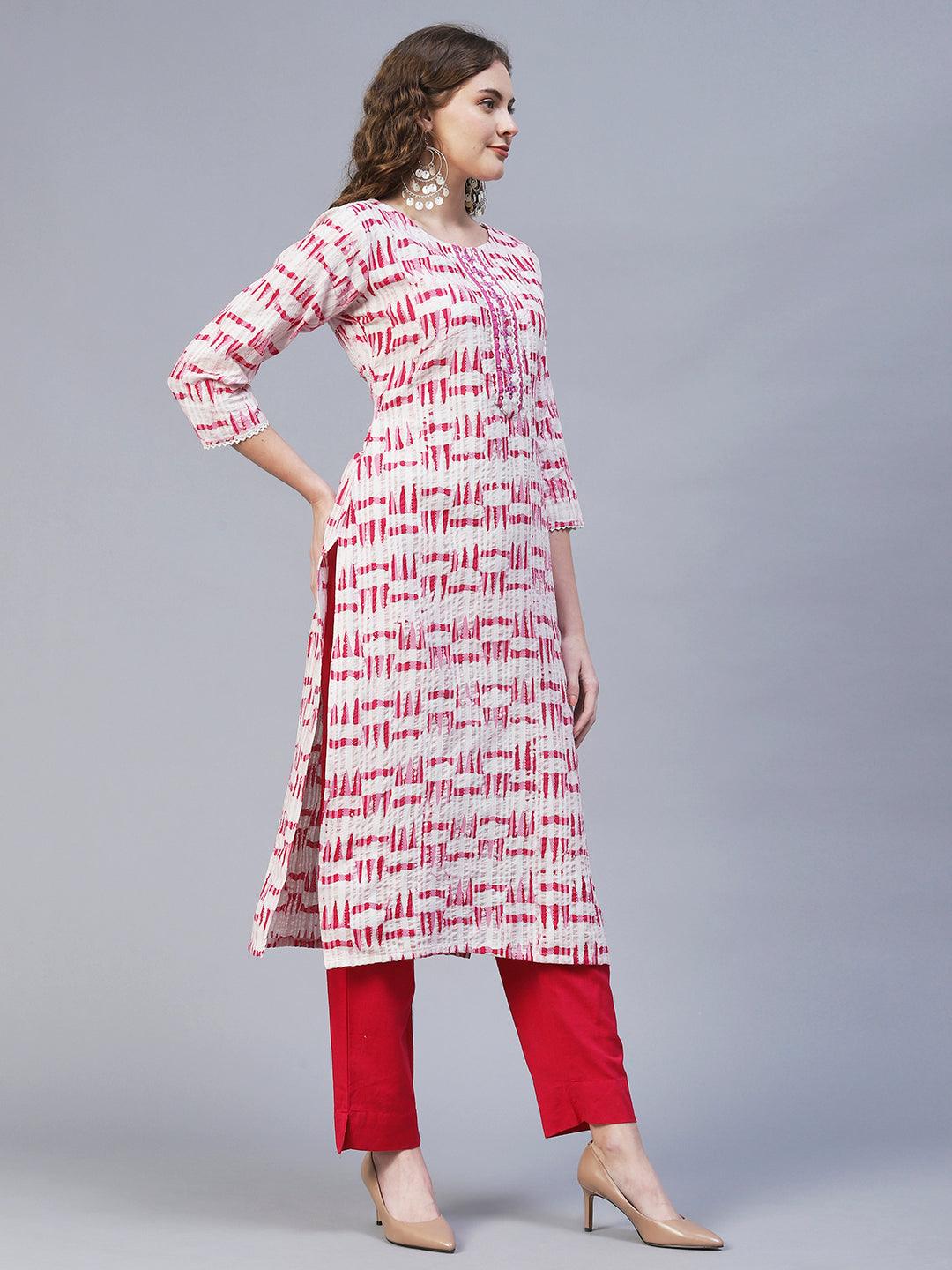 Ethnic Woven & Embroidered Straight Fit Kurta – Off White - Indiakreations