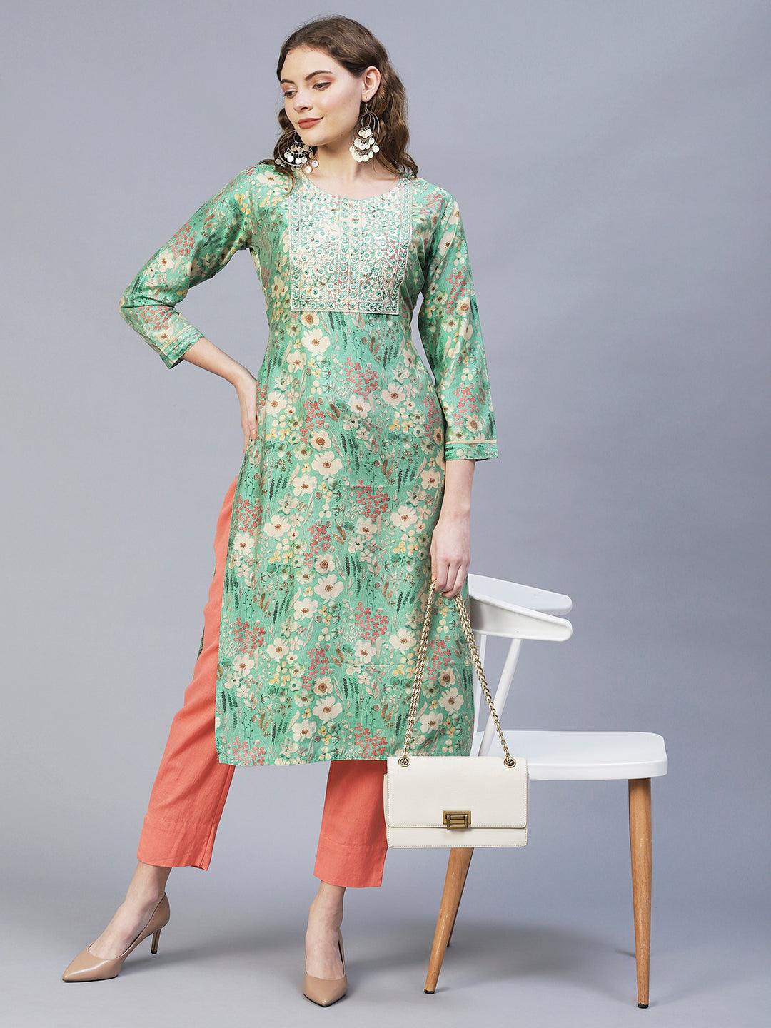 Floral Printed & Embroidered Straight Fit Kurta – Light Green - Indiakreations