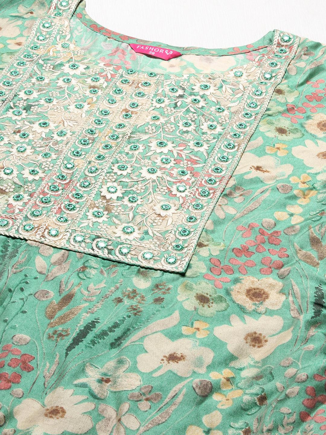 Floral Printed & Embroidered Straight Fit Kurta – Light Green - Indiakreations