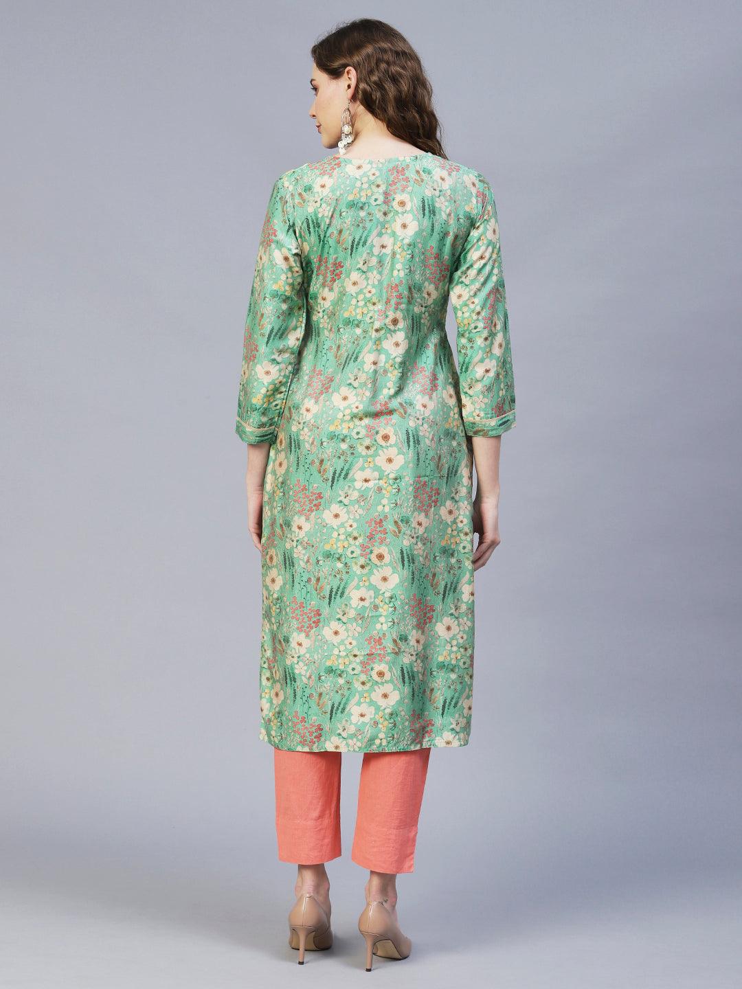 Floral Printed & Embroidered Straight Fit Kurta – Light Green - Indiakreations