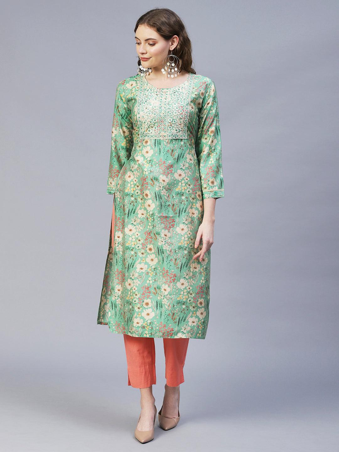 Floral Printed & Embroidered Straight Fit Kurta – Light Green - Indiakreations