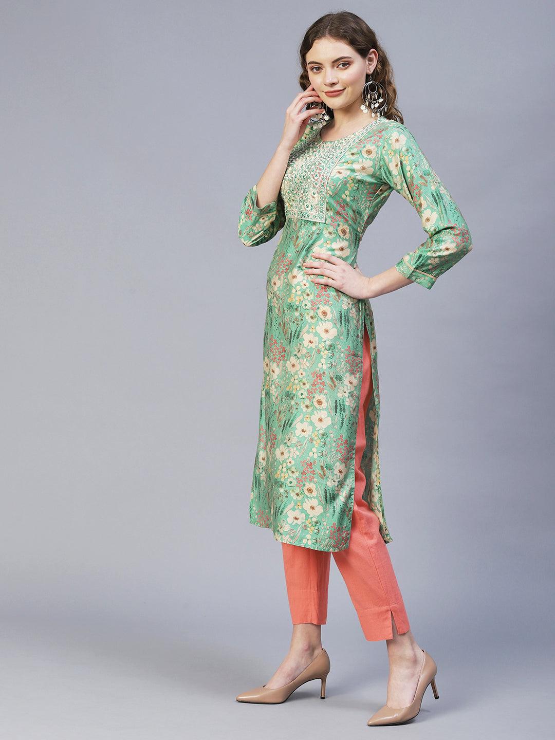 Floral Printed & Embroidered Straight Fit Kurta – Light Green - Indiakreations