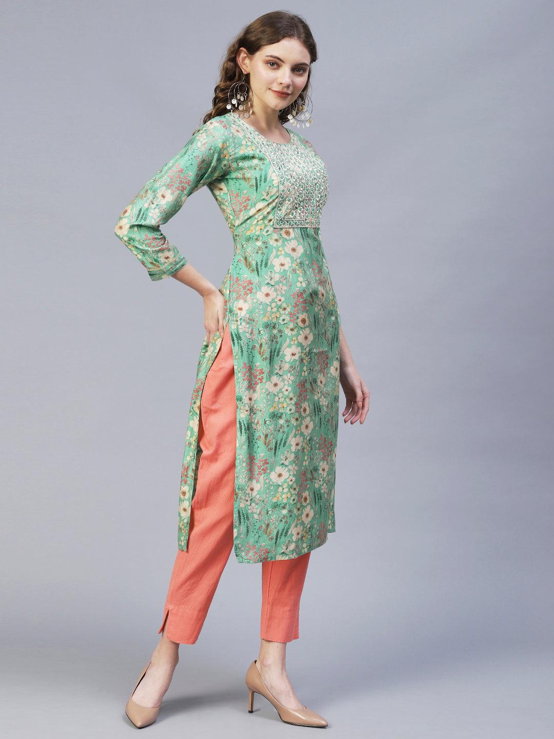 Floral Printed & Embroidered Straight Fit Kurta – Light Green - Indiakreations