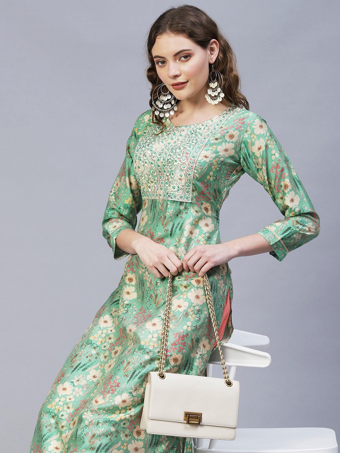 Floral Printed & Embroidered Straight Fit Kurta – Light Green - Indiakreations