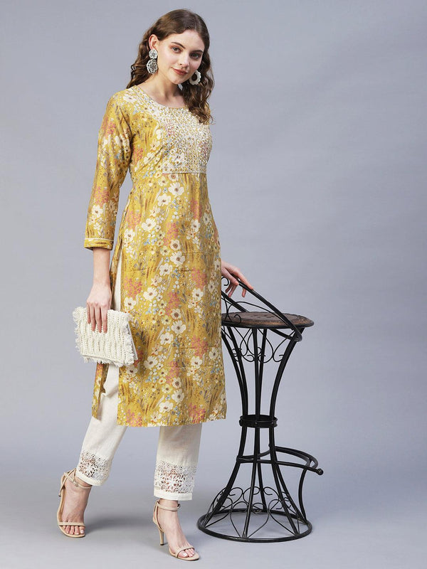 Floral Printed & Embroidered Straight Fit Kurta – Mustard - Indiakreations