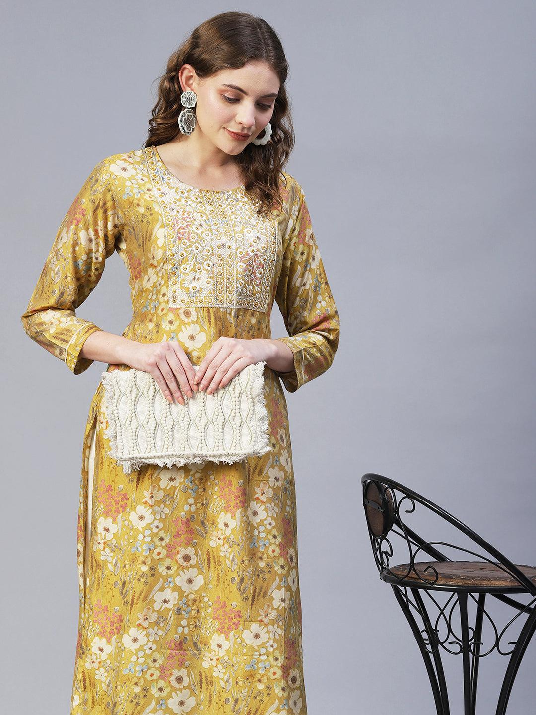 Floral Printed & Embroidered Straight Fit Kurta – Mustard - Indiakreations