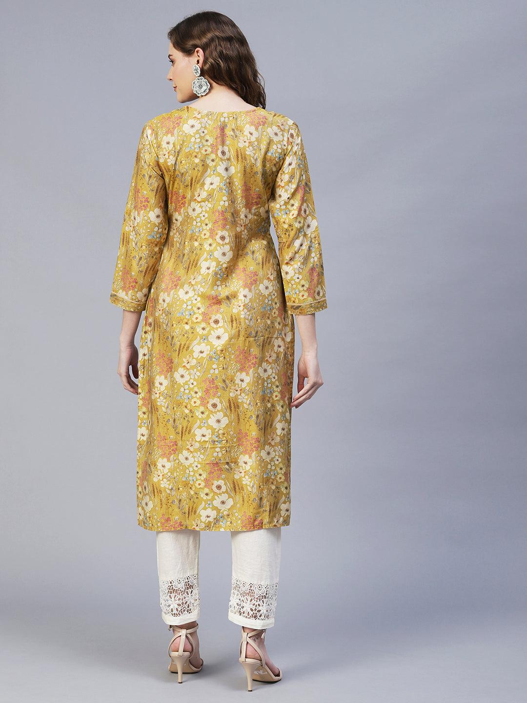 Floral Printed & Embroidered Straight Fit Kurta – Mustard - Indiakreations