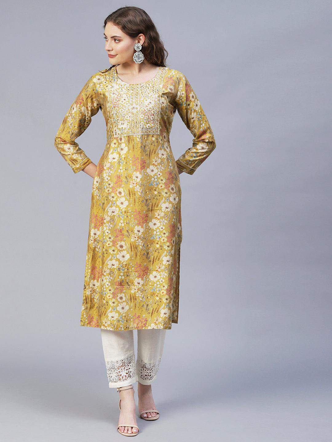 Floral Printed & Embroidered Straight Fit Kurta – Mustard - Indiakreations