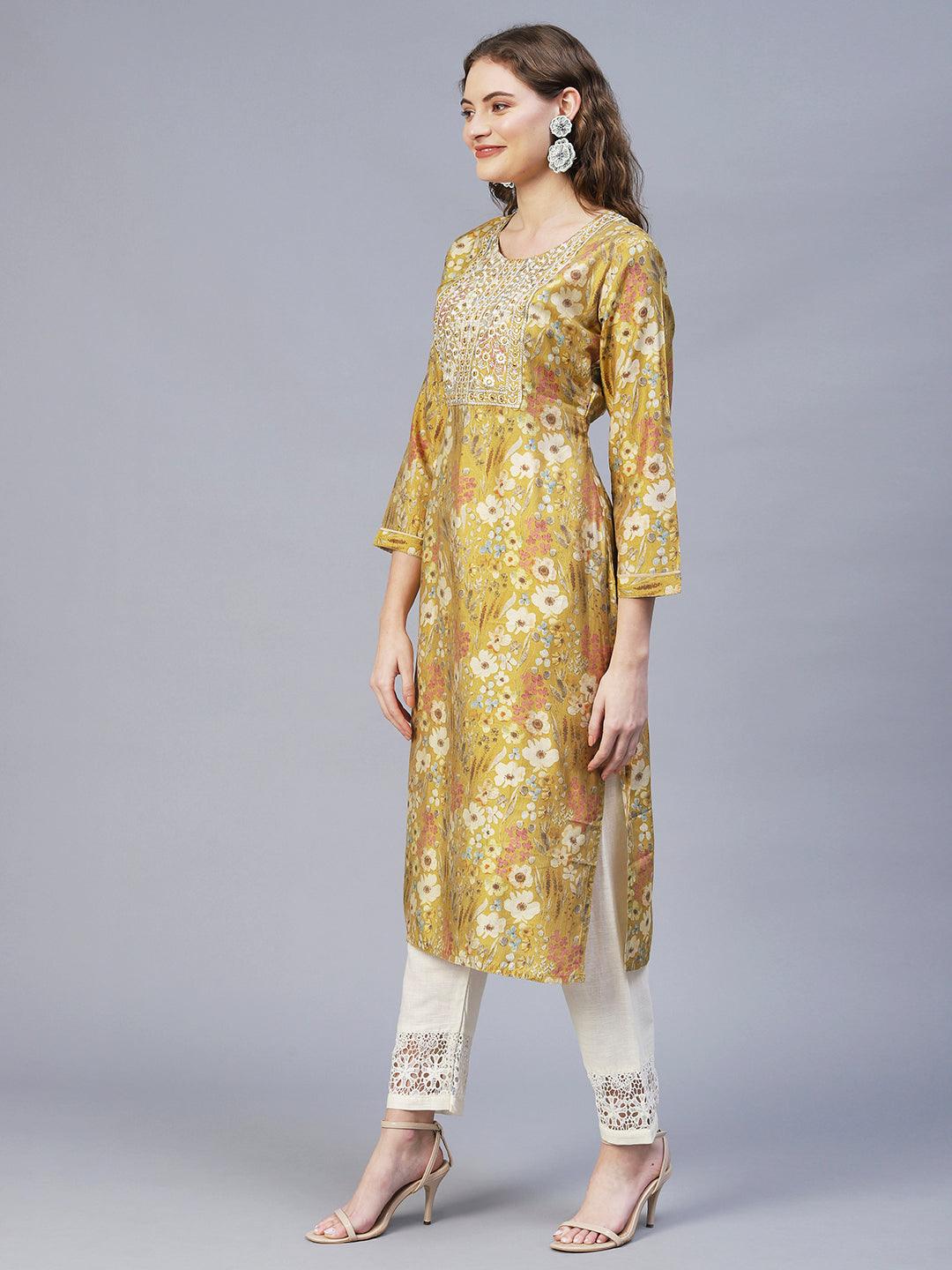 Floral Printed & Embroidered Straight Fit Kurta – Mustard - Indiakreations