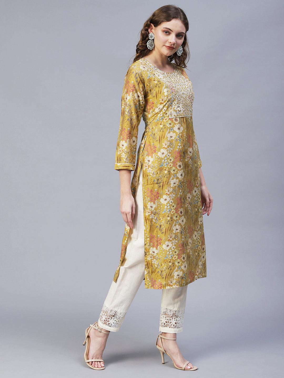 Floral Printed & Embroidered Straight Fit Kurta – Mustard - Indiakreations