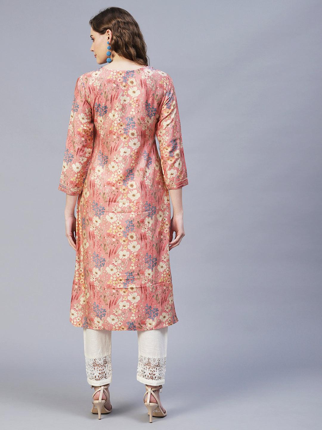 Floral Printed & Embroidered Straight Fit Kurta – Pink - Indiakreations