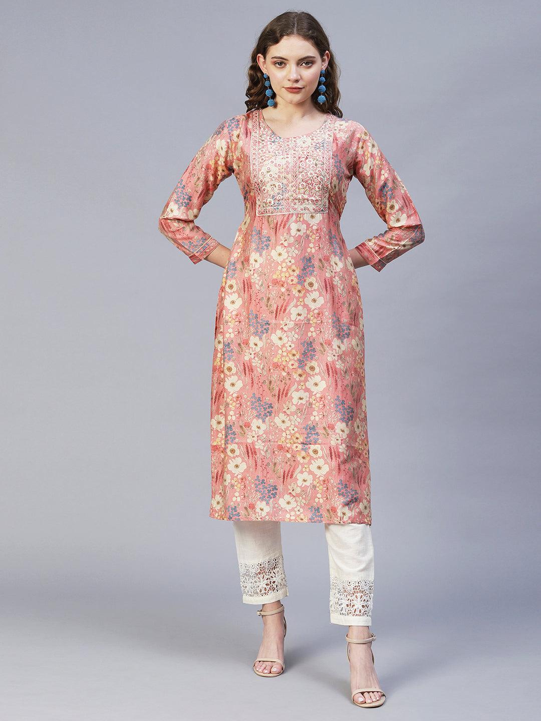 Floral Printed & Embroidered Straight Fit Kurta – Pink - Indiakreations