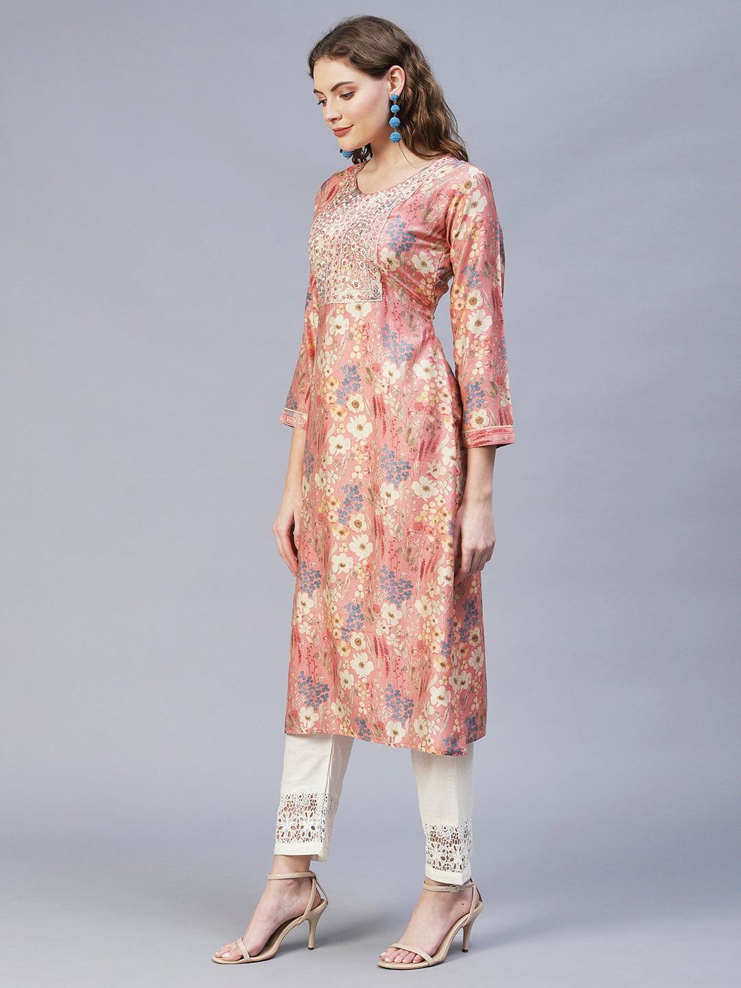 Floral Printed & Embroidered Straight Fit Kurta – Pink - Indiakreations