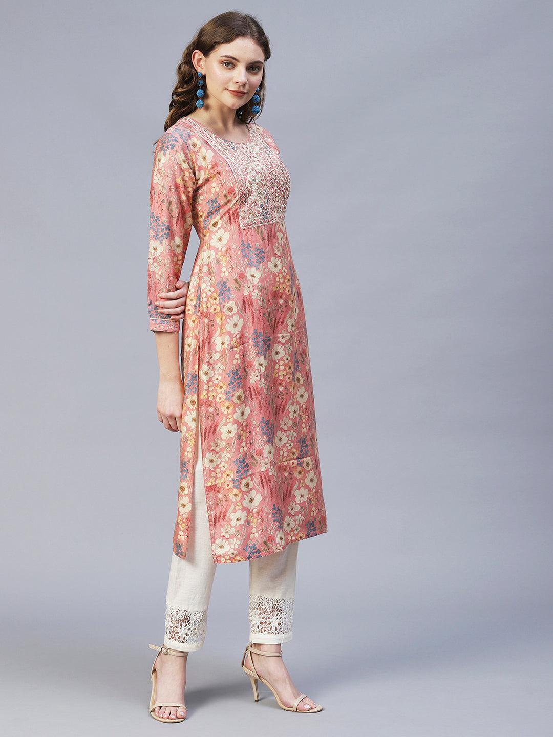 Floral Printed & Embroidered Straight Fit Kurta – Pink - Indiakreations