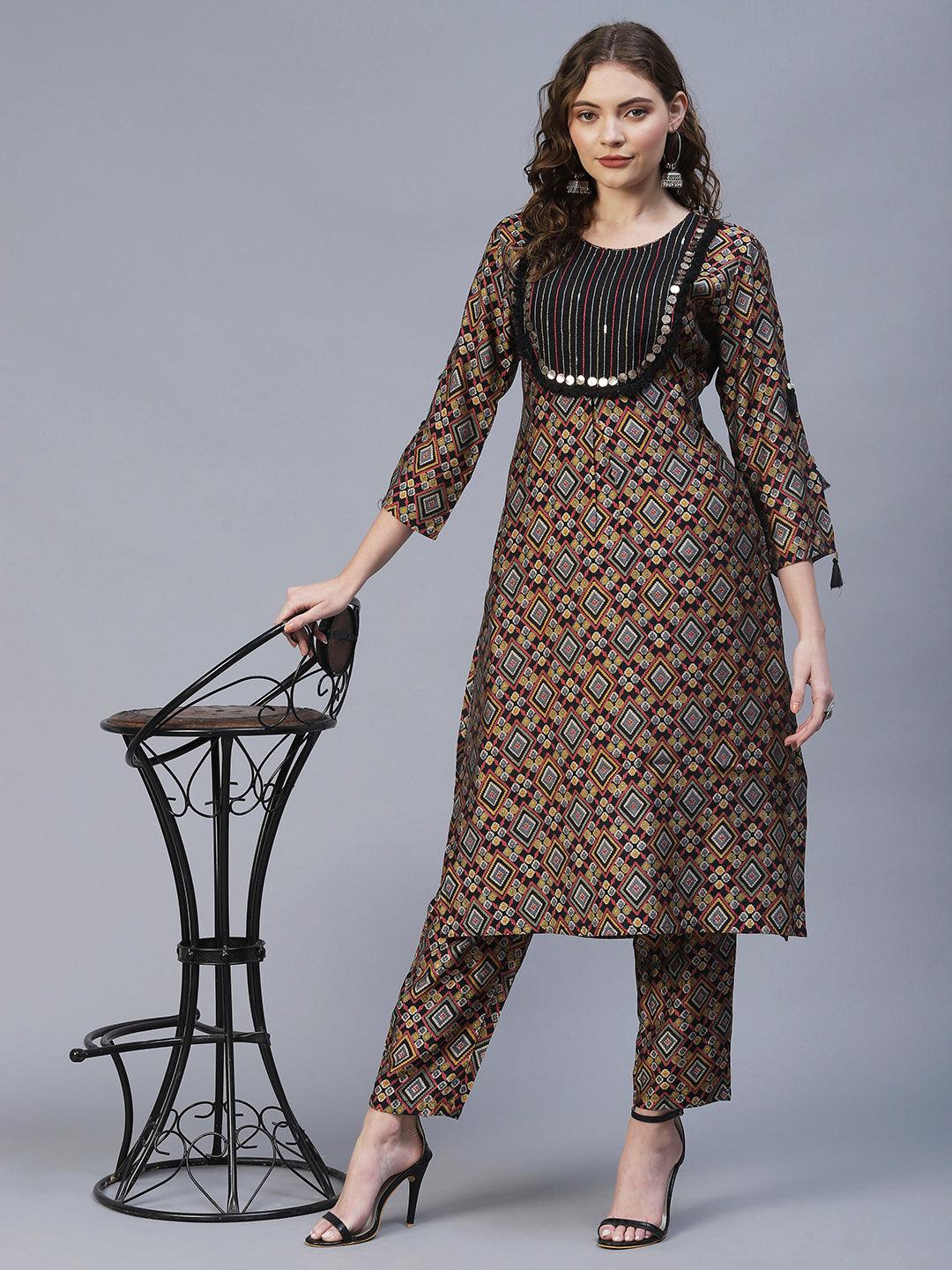 Ethnic Printed & Embroidered Straight Fit Kurta with Pants - Multi - Indiakreations