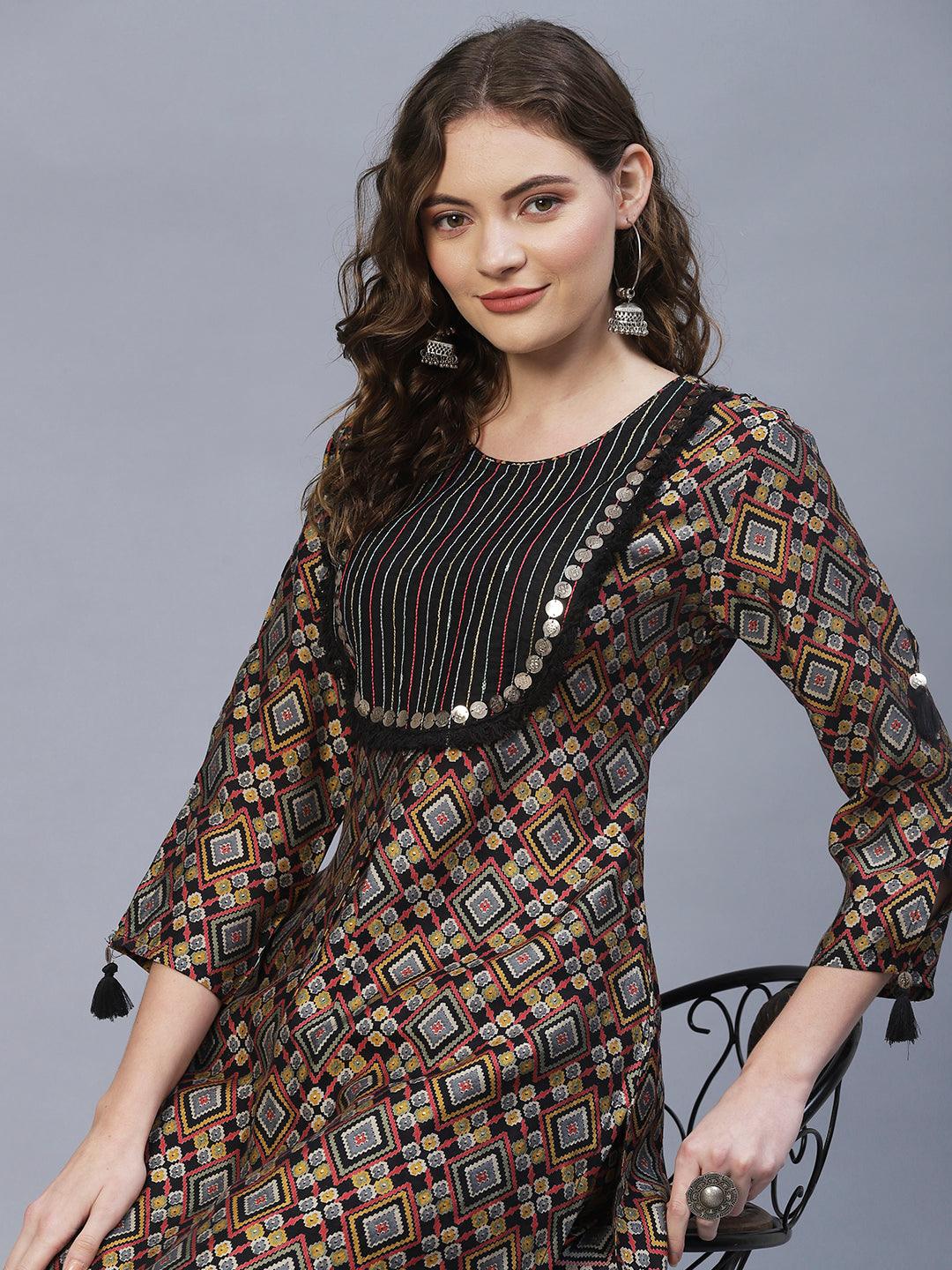 Ethnic Printed & Embroidered Straight Fit Kurta with Pants - Multi - Indiakreations