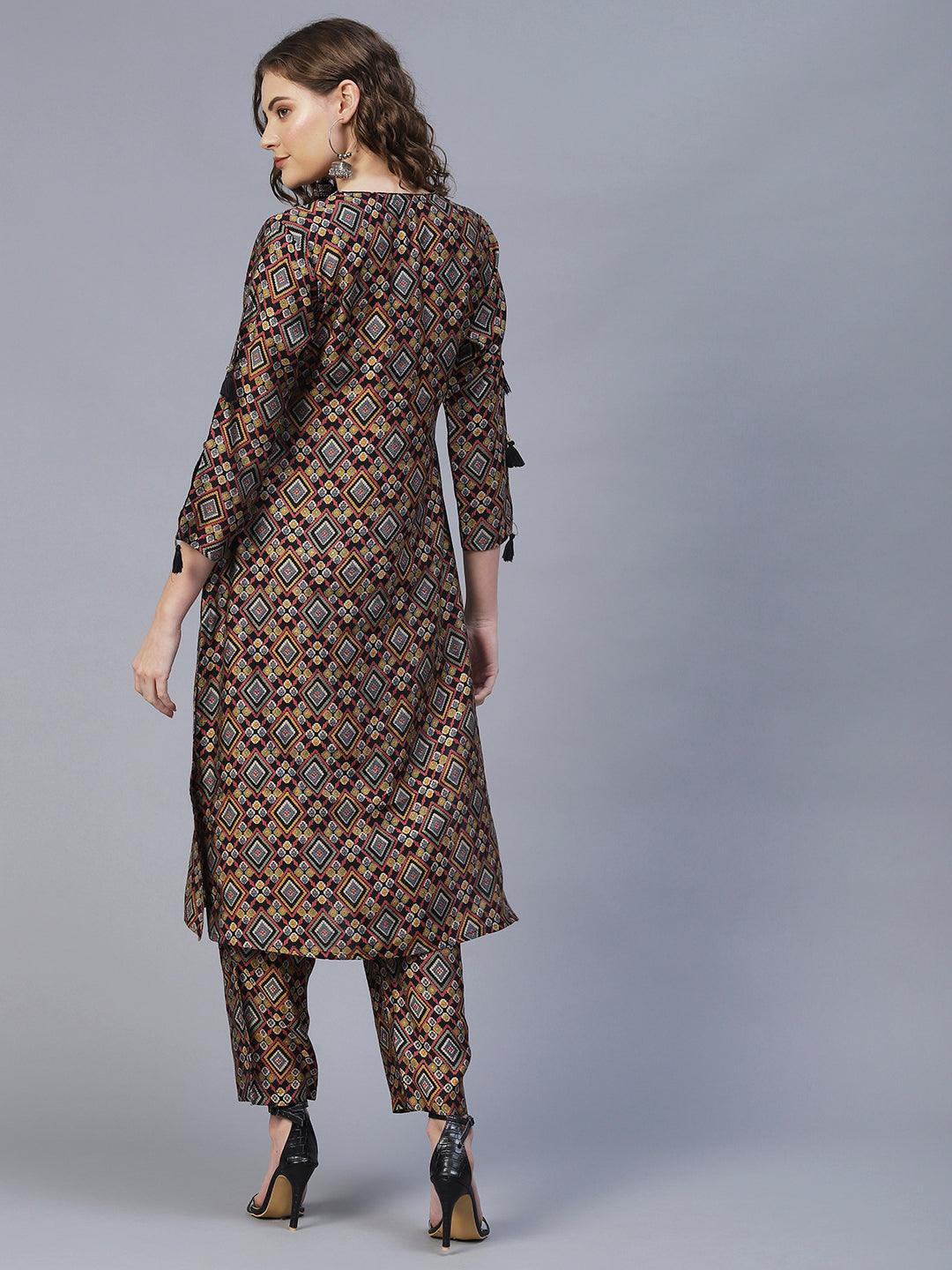 Ethnic Printed & Embroidered Straight Fit Kurta with Pants - Multi - Indiakreations