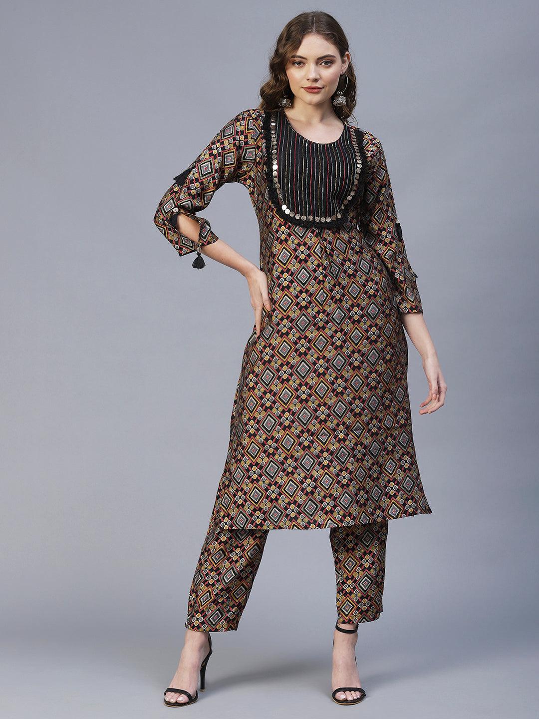 Ethnic Printed & Embroidered Straight Fit Kurta with Pants - Multi - Indiakreations