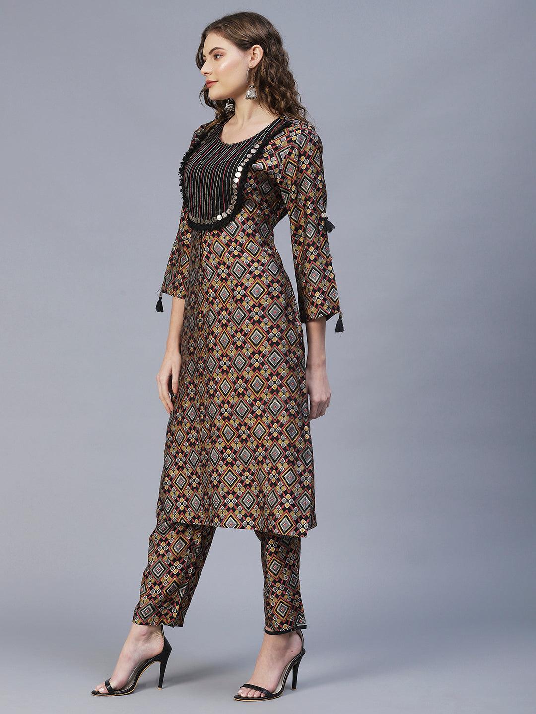 Ethnic Printed & Embroidered Straight Fit Kurta with Pants - Multi - Indiakreations