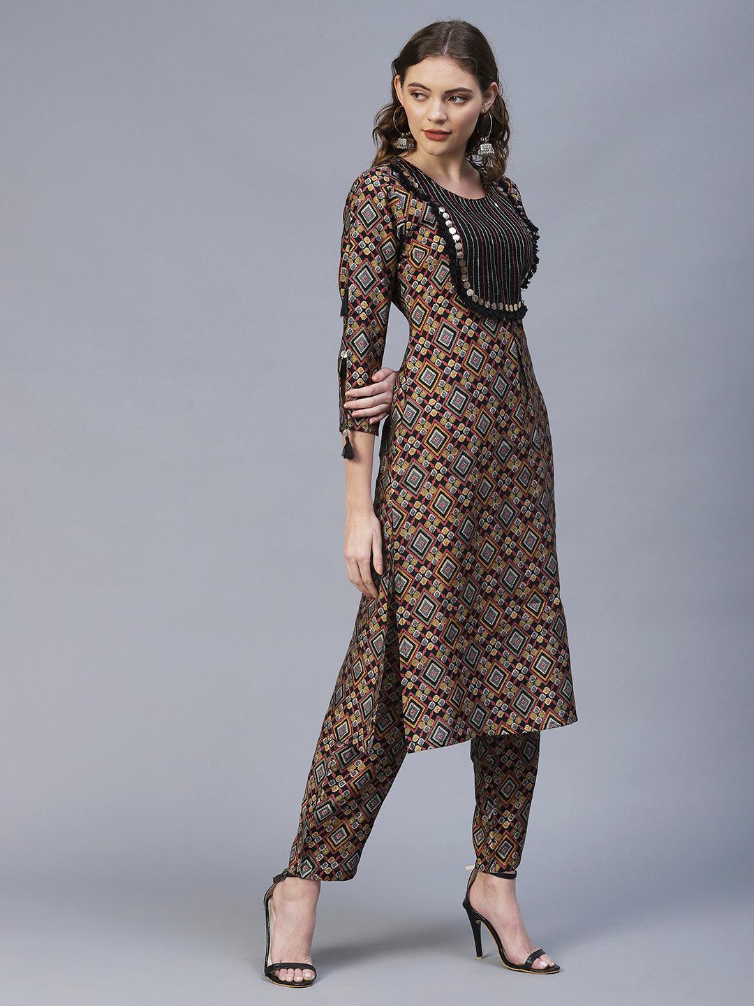 Ethnic Printed & Embroidered Straight Fit Kurta with Pants - Multi - Indiakreations