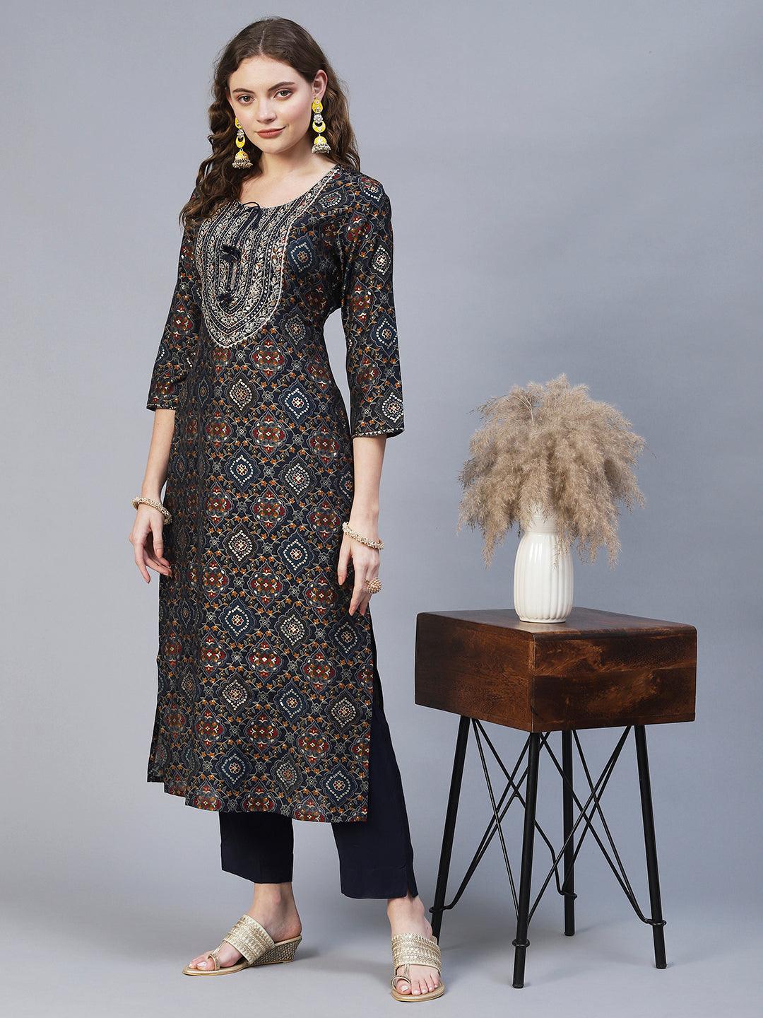 Ethnic Printed & Embroidered Straight Fit Kurta with Pants - Multi - Indiakreations