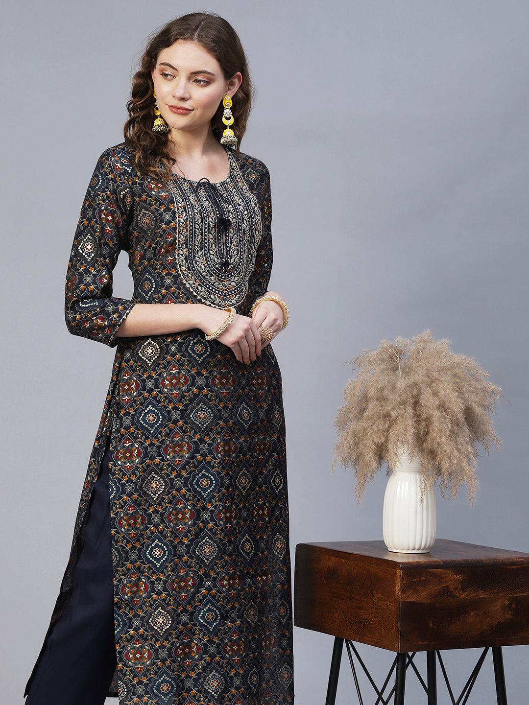 Ethnic Printed & Embroidered Straight Fit Kurta with Pants - Multi - Indiakreations