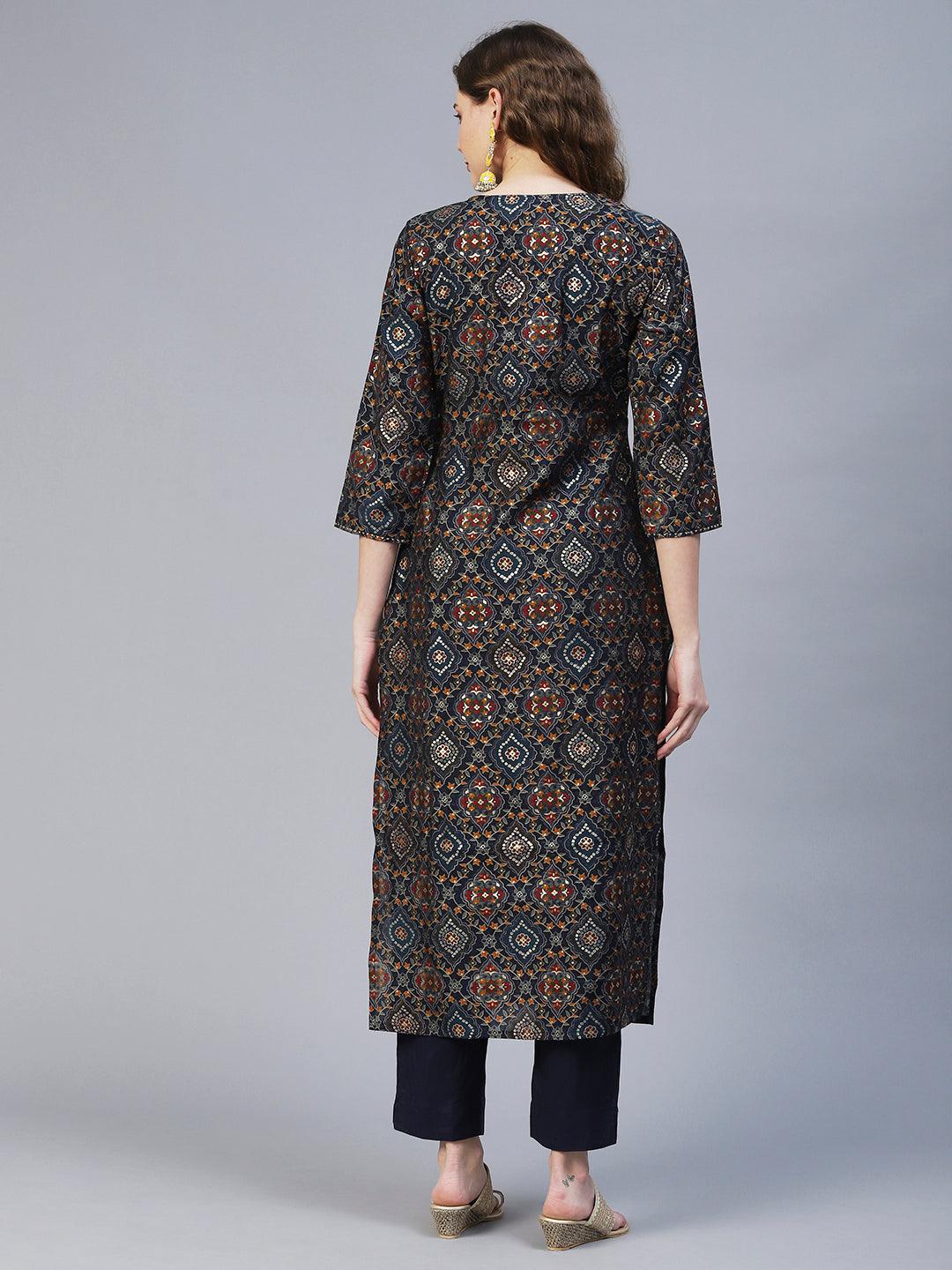 Ethnic Printed & Embroidered Straight Fit Kurta with Pants - Multi - Indiakreations