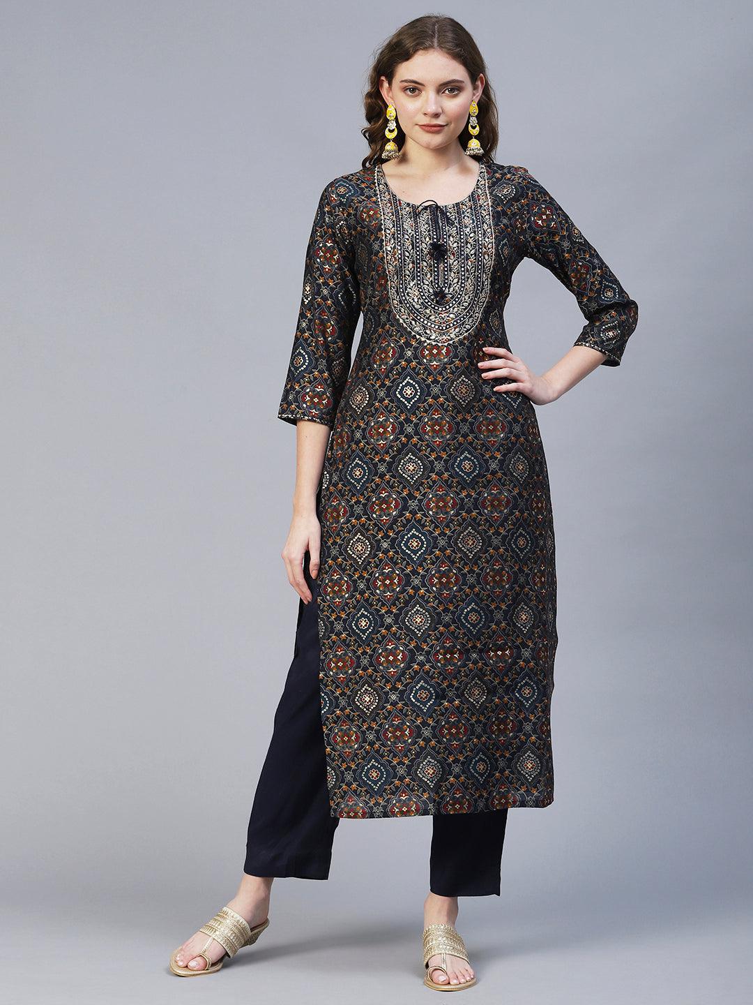 Ethnic Printed & Embroidered Straight Fit Kurta with Pants - Multi - Indiakreations