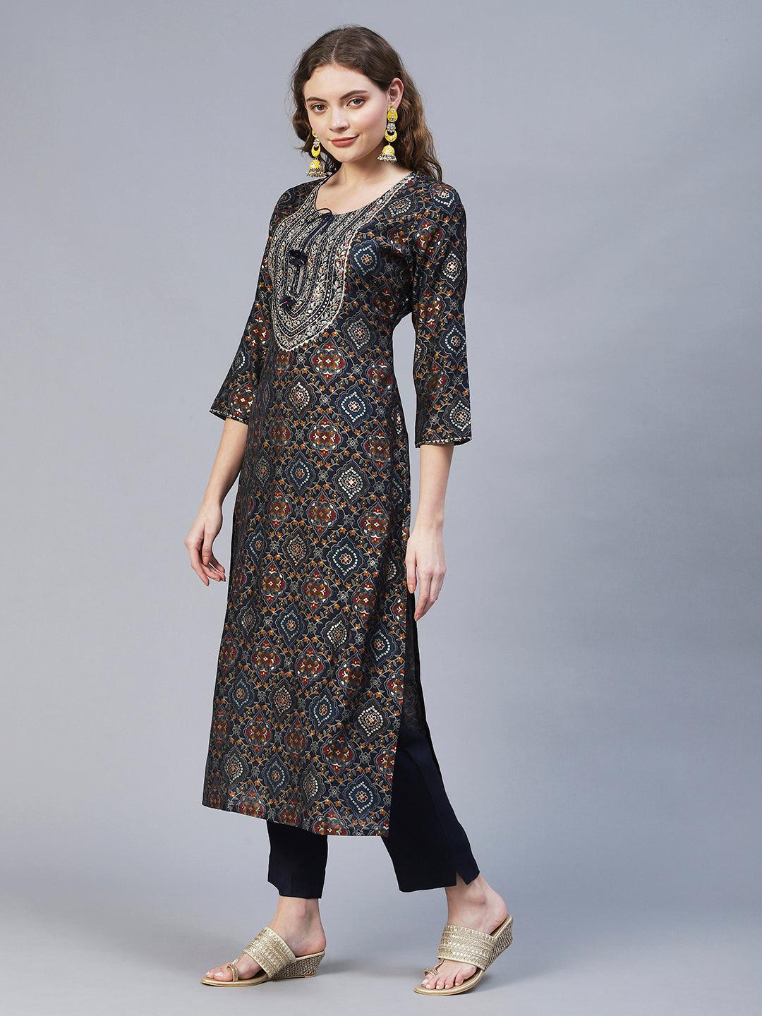 Ethnic Printed & Embroidered Straight Fit Kurta with Pants - Multi - Indiakreations