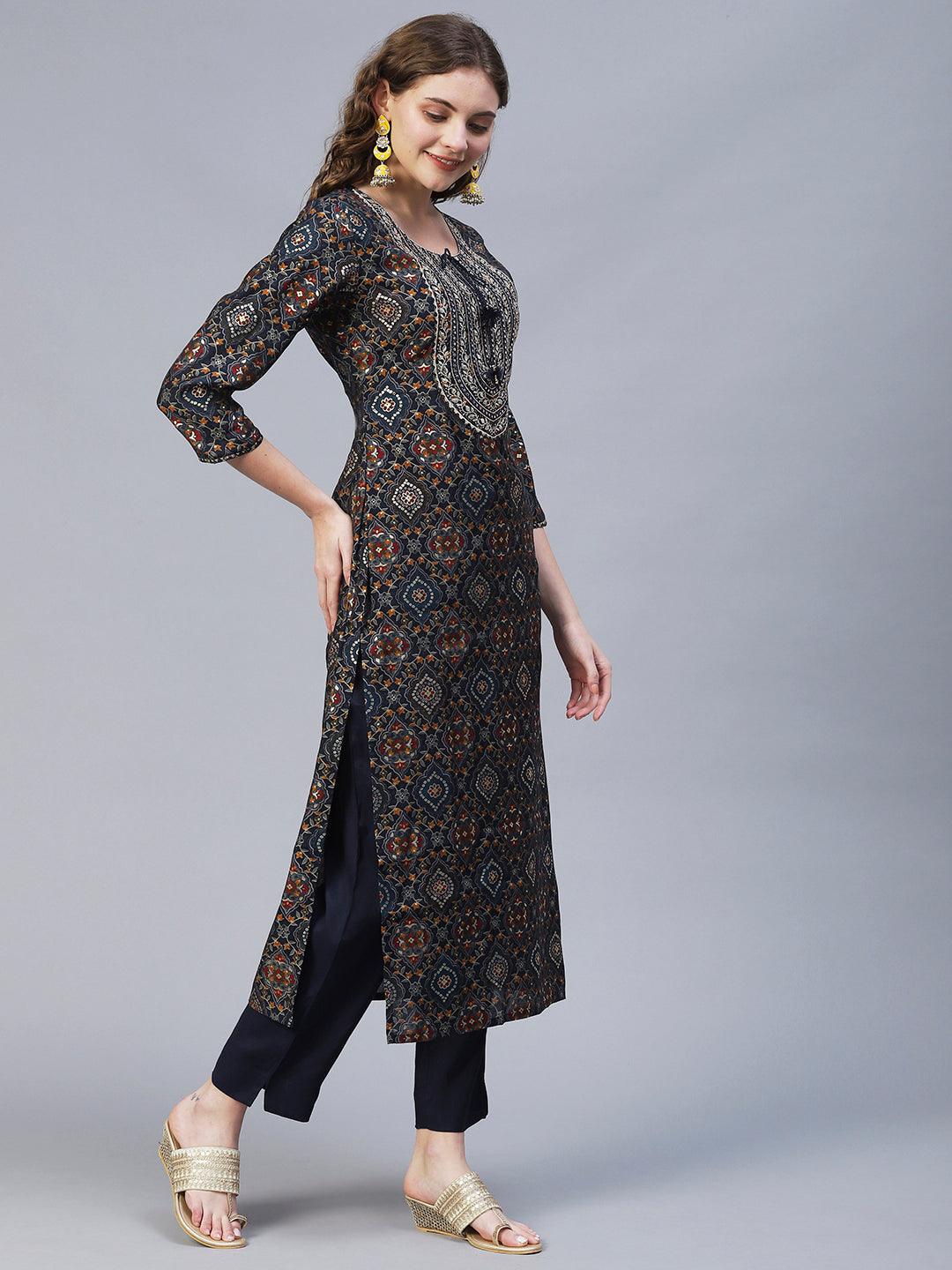 Ethnic Printed & Embroidered Straight Fit Kurta with Pants - Multi - Indiakreations