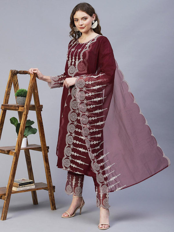 Ethnic Embroidered Kurta with Pants & Dupatta - Maroon - Indiakreations