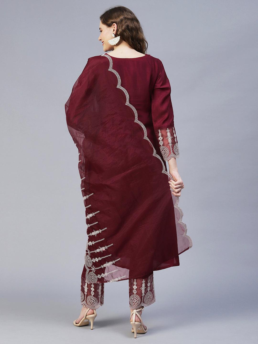 Ethnic Embroidered Kurta with Pants & Dupatta - Maroon - Indiakreations