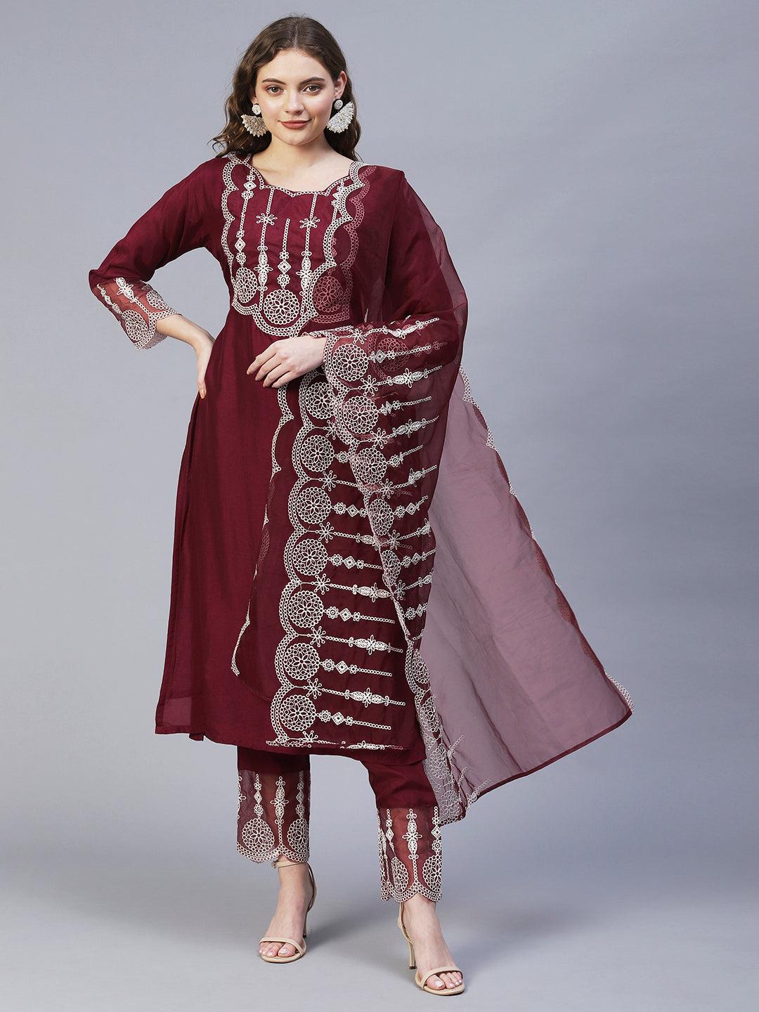 Ethnic Embroidered Kurta with Pants & Dupatta - Maroon - Indiakreations