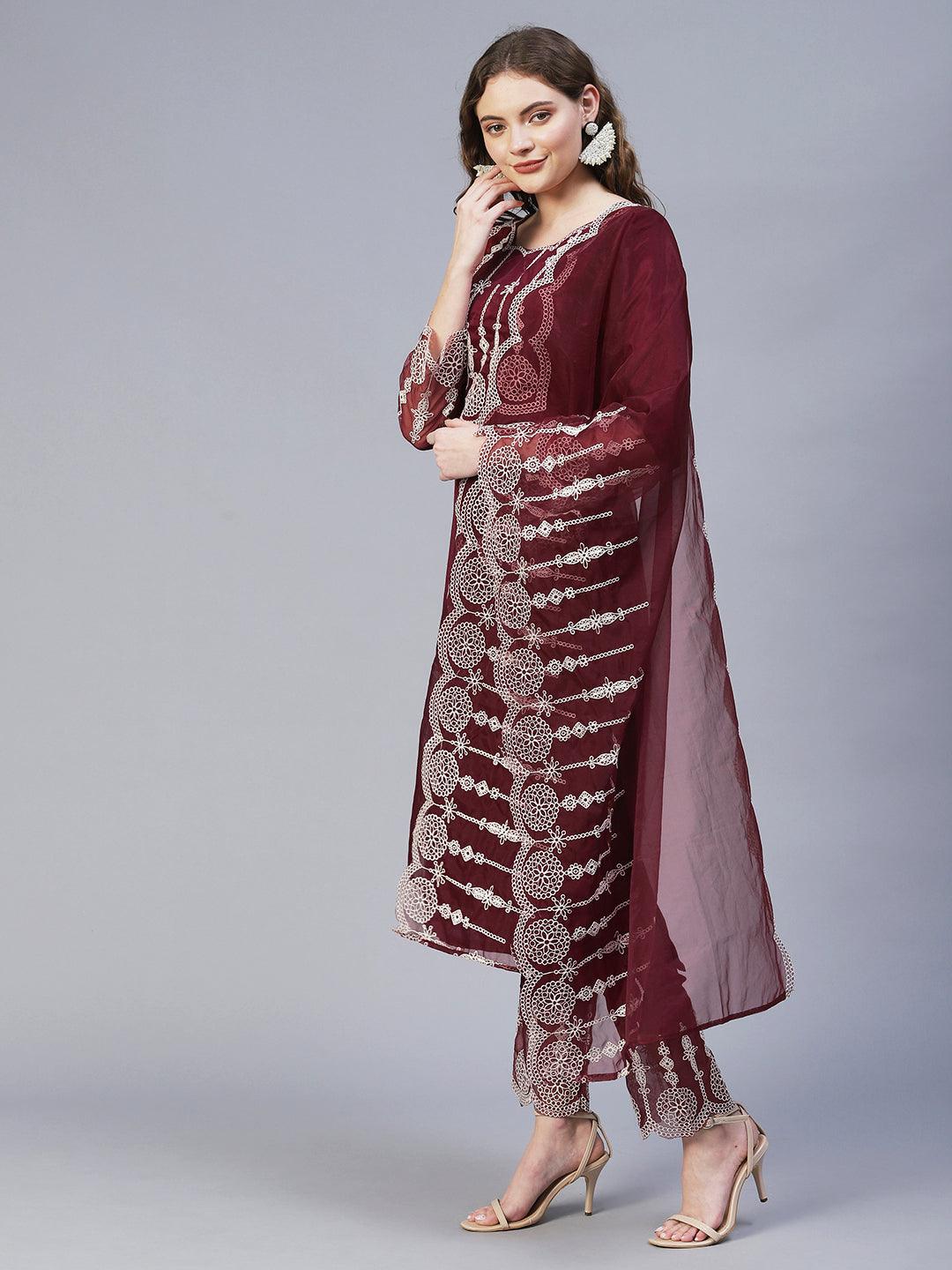 Ethnic Embroidered Kurta with Pants & Dupatta - Maroon - Indiakreations