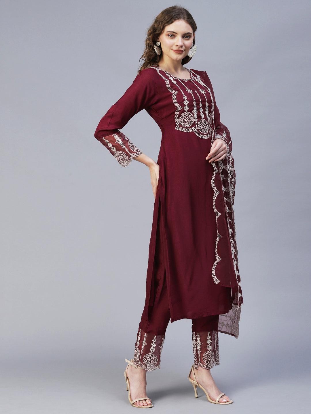 Ethnic Embroidered Kurta with Pants & Dupatta - Maroon - Indiakreations