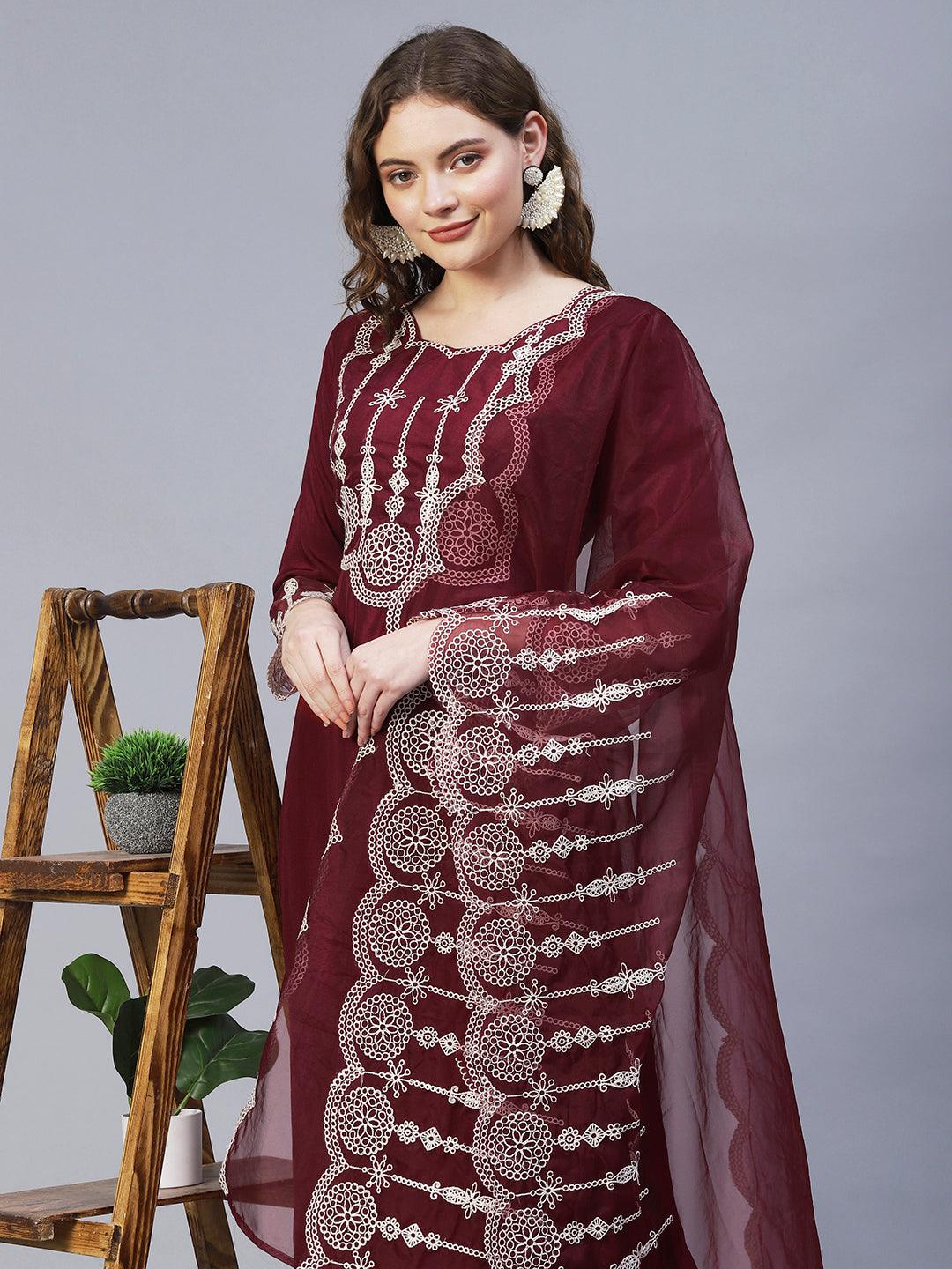 Ethnic Embroidered Kurta with Pants & Dupatta - Maroon - Indiakreations